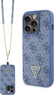 GUESS PU Leather Metal Logo Strass Crossbody Strap Phone Case for iPhone 15 Pro (Blue)