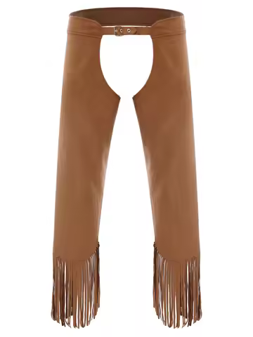 Men Vintage Cowboy Chaps Adjustable Buckles Open Crotch Split Fringe Suede Pants for Halloween Theme