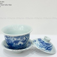 Bát Sâm (Chén Sâm chén Khải) Bát Tràng Bát Trà Sâm thờ cúng Men Lam Họa Tiết Long Ẩn Song Long Sơn T