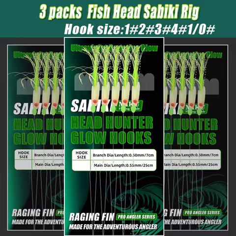 3Packs Fish Head Sabiki Rig, +Glow Beads+HC Hooks, Salt/Fresh, For Mackerel/Sardine/Bass/Tuna, Tackl