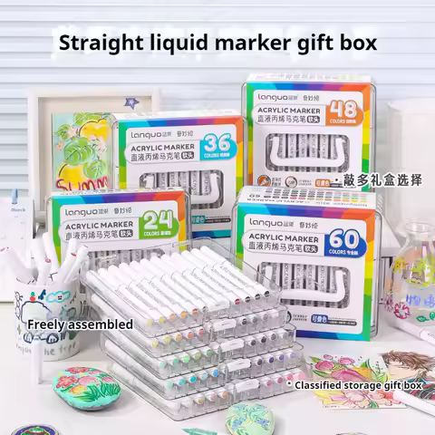 LANGUO 60Colors/box Direct Liquid Acrylic Paint Marker Pens Set Brush Color Marker Pen for DIY Paint