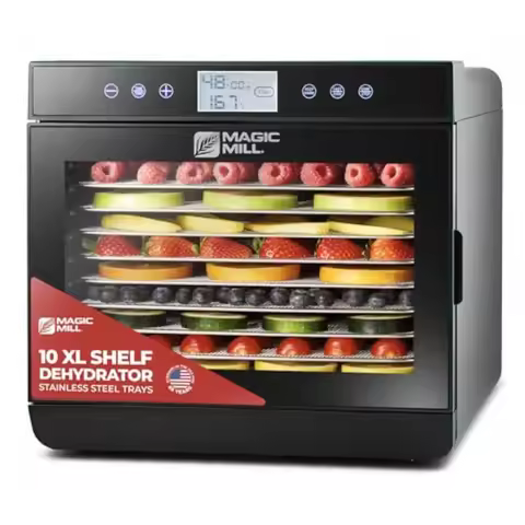 Food dehydrator for beef jerky fruits vegetables dog treats; stainless steel trays; black; 700W powe