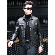 Haining Autumn Winter Turn-down Collar Jaket Kulit Slim Fit Jaket Motosikal Kulit Biri-biri Jaket Ku