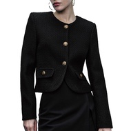 URBAN REVIVO Womens Long Sleeve Cropped Tweed Jacket with Pocket Elegant Slim Fit Work Office Business Short Tweed Blazer