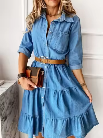 Women's Dress Women Solid Color Casual Kids Korean Style Dress Denim Turn Down Collar Patchwork Sing
