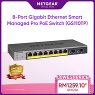 Netgear 8-Port Gigabit Ethernet Smart Managed Pro PoE Switch (GS110TP) - with 8 x PoE+ @ 55W