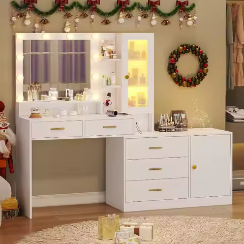 White Makeup Vanity with Lights Vanity Desk with Mirror, Large Vanity Table Set with Drawer Dresser,