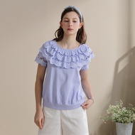 [CUMAR] Hollow Embroidered Lotus Leaf Collar Top White Purple