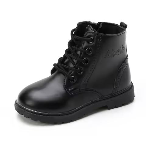 Boys Boots Girls Tide Boots Black Leather Classic Kids Ankle Boots Size 21-37 Cross-tied Zip Childre