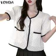 VONDA Women Korean Round Neck Short Sleeve Open Front Texture Small Fragrance Style Blazer
