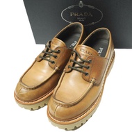 PRADA Italian-made calf leather moc-toe lace-up shoes, size 2EE416 070, 8 1/2 (27.5cm), COGNAC, open