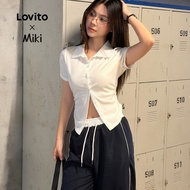 (Lovito x Miki) Casual Shirt Ruched Button Summer/Spring T-Shirt for Women L128ED445 (Lovito x Miki)