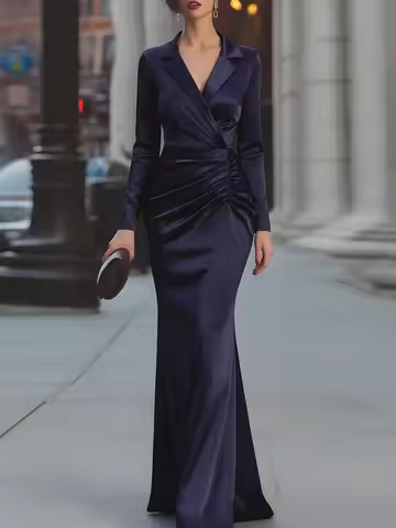 UOOZEE Women's Notched Collar Evening Maxi Dresses Elegant Solid Color Long Sleeves Ruched Waist Wed
