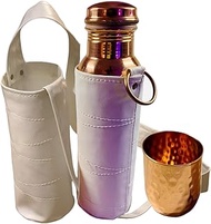 Copper Water Bottle (34oz/1000ml) w/Copper Tumbler and Carrying Bag &amp; Deco Sleeve | Pure Copper Bottle Water Vessel for Drinking Water | Leak-Proof | Authentic Ayurvedic Copper Hammered Bottle