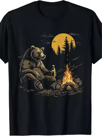 Men Cotton Bear Drinking Beer Campfire Graphic T-Shirt - Black Short Sleeve Casual Outdoor Camping S