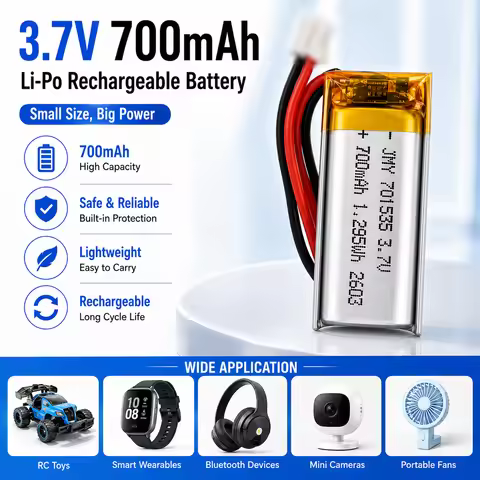701535 3.7V 350mAh LiPo Battery Rechargeable Lithium Polymer Battery with PH2.0 Plug for Bluetooth H