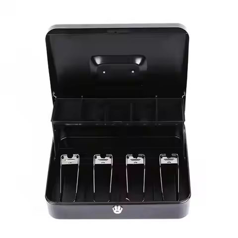 Metal Cash Box Cashier Box with 2 Multi Money Trays Cantilever Design Coin Compartments Locking Cash