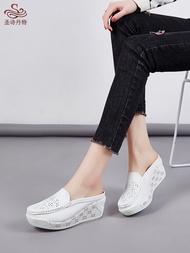 Dép Lê Da Thật Dép Cho Mẹ Đế Dày Bánh Mì Đế Xuồng Đế Xuồng Đi Bên Ngoài Nữ Dép Sục Bít Mũi Thoáng Kh