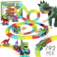 kykake Dinosaur Train Set, Anti Gravity Dinosaur Train Toys, 360° Electric Climbing Dinosaur Car Race Tracks with Sound and Lights, Race Train Track Toy Birthday Gifts (192Pcs)