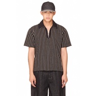 Unisex boxy STRIPED zipper polo shirt - BEUTER HALF ZIP STRIPED POLO - BLACK
