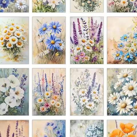 32pcs Blooming Bouquet Postcard Set, Floral Theme Greeting Cards, Poster, Wall Stickers, Bedroom Dec