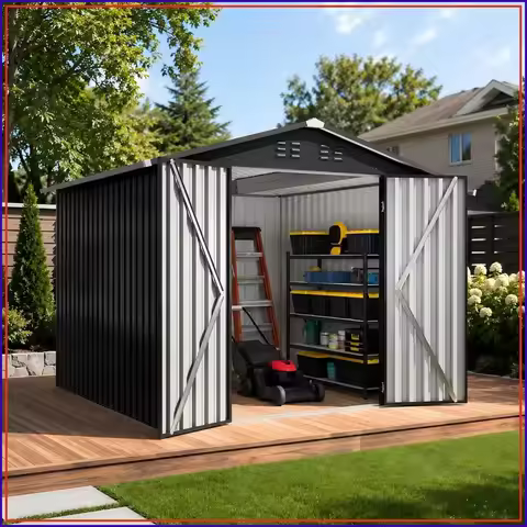 8x8 FT Outdoor Metal Storage Shed with Lockable Doors, Sloped Roof for Backyard, Dark Gray