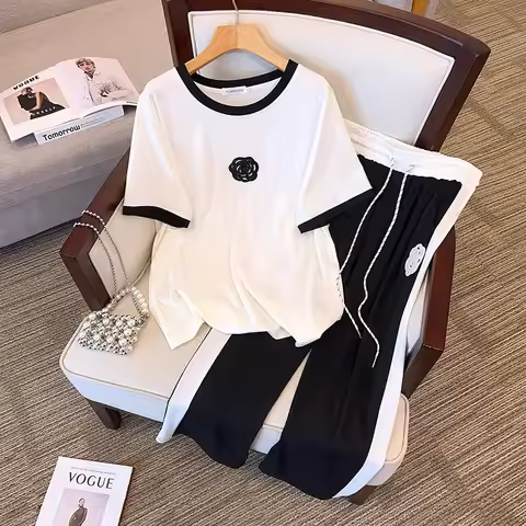Plus Size 155Kg Women's Bust 170 Summer Loose Short Sleeve T-shirt Cropped Pants Suit Fashion Casual