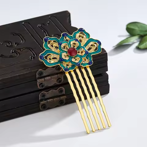Wedding Women Traditional Chinese Blue Lotus Hair Accessories Cloisonne Hair Comb Headwear Hanfu Hai