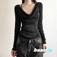 Bonn-Women´s Fall Shiny Rhinestone Tops Cowl Neck Long Sleeve Slim Fit Sheer T-Shirt