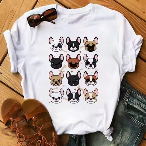 Cute French Bulldog T-shirt Animal Harajuku Print Pattern Shirt Fun French Bulldog Short Sleeves Ani