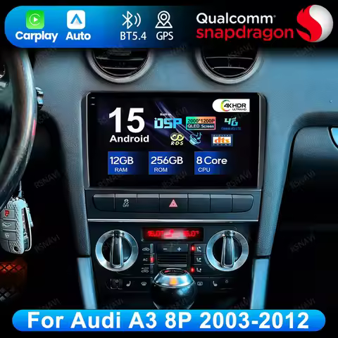 Android 15 For Audi A3 8P 2003-2012 Navigation Autoradio Multimedia DVD Stereo GPS QLED Car Radio 5G