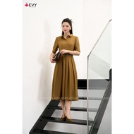 Women's Office Dress Long Shirt Collar Short Sleeve, Elegant Pleated Design EVY - DL979