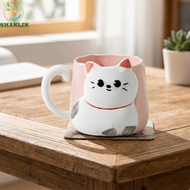 SHANLIN Ceramic Mug, 3D Embossed Hand Painted Coffee Cup, Drinkware Cartoon Cat Pattern 500ml Milk M