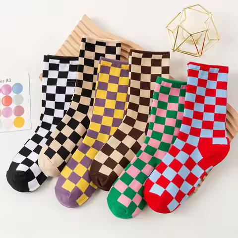 Women Socks Geometric Checkered Korea Funky Harajuku Trend Checkerboard Socks Men Hip Hop Cotton Uni