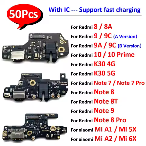 50Pcs，USB Charging Socket Port Connector Board Flex For Xiaomi Mi A1 A2 Redmi 10 Prime 10C 8 8A 9A 9