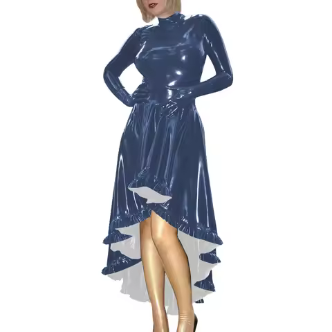 Coctail Party Glossy High Low Swing Dresses Vintage PVC Shiny Leather Women Pleated Gloved Dress Car