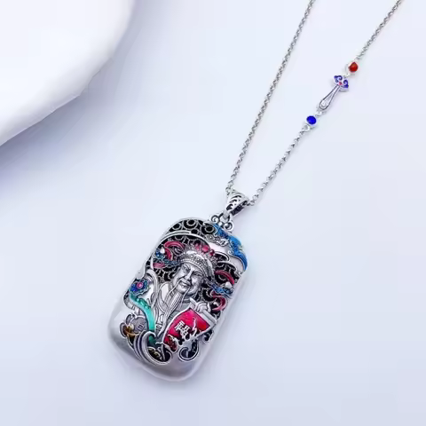 Classic Colorful God of Wealth Pendant Chinese Style Silver 990 Enamel Hollow Out Necklace Double Si