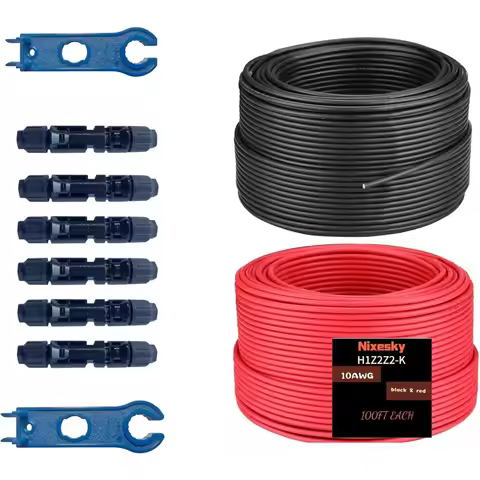 US Local Stock Solar Cable 100Ft 30M 10 AWG Wire, 100FT Black + 100FT Red with 6 Pairs Solar Connect
