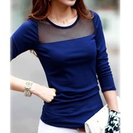 shop 2018 2018 Korean  Cotton Lace Mesh Patchwork Long Sleeve Shirts T Shirt Women Tops Tees T-Shirt