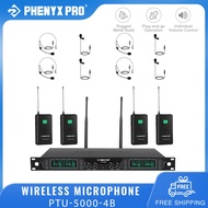 Phenyx Pro PTU-5000-4B Wireless Microphone System 4-Channel UHF Wireless Mic Set with Bodypack/Headset/Lapel Mics Fixed Frequency Metal Microphone for Church Stage Performances