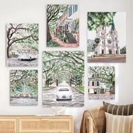 (With Frame) Savannah City Watercolor Canvas Print Historic Town Street Landscape Painting Poster Vi