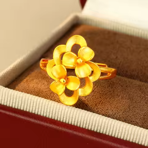 Adjustable Open Design Hollow 3D Floral Open Ring For Women 24K Gold AU999, flexible and comfortable