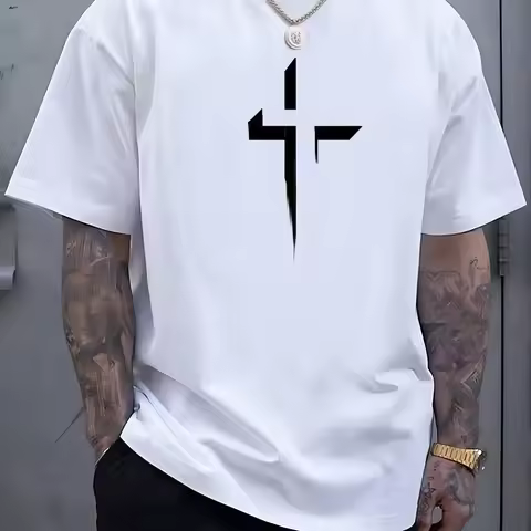 Summer men's 100% pure cotton casual loose plus size Cross Creative printed sports comfortable round