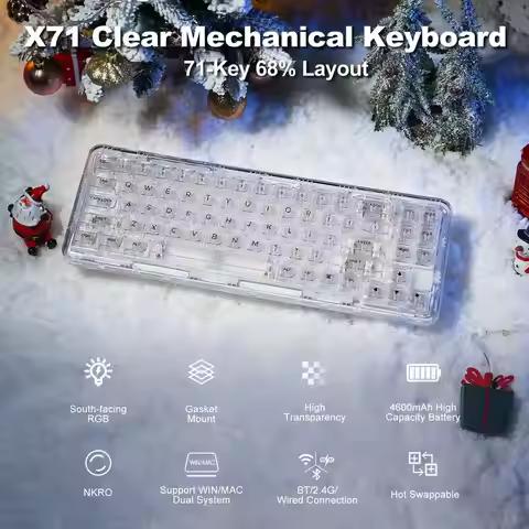 YUNZII X71 Transparent Mechanical Keyboard 3Mode 68% Layout Wireless BT/2.4G/USB-C RGB Hot-Swap Gask