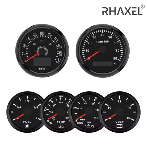 RHAXEL 6 Gauge Kit 85mm GPS Speedometer 160MPH Tachometer 8000RPM Fuel Level Water Temp. 0-120℃ Oil 