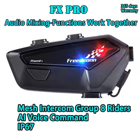 Freedconn FX Pro Mesh Intercom Auto-Reconnect Group 8 Riders AI Voice Command Audio Mixing Music & I
