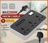 6 USB Port 3 Universal Power Strip Extension Plug Power Socket Portable Extension Trailing Socket Ex