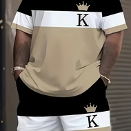 TEMU Men's Plus Size 3d Digital Block Casual Sport Short Sleeve T-shirt And Shorts Set, Suitable For