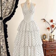 Vintage Romantic 1940s Old Money Classic Elegant Women's Dress, Spring/Summer Fitted Halter Neck Tie