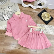 TM884 Set áo hồng dài tay cổ bẻ phối caro chân váy xếp ly cho bé gái